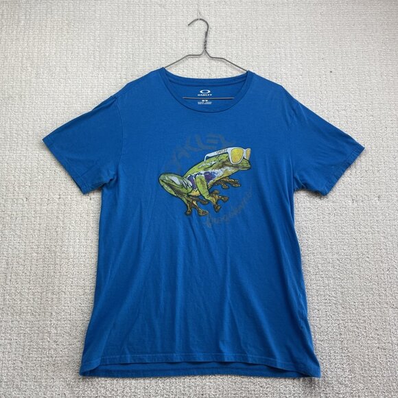 Y2K OAKLEY Frog Graphic T-Shirt Blue Men Sz M Sunglasses Frogskins soft casual - Picture 1 of 15